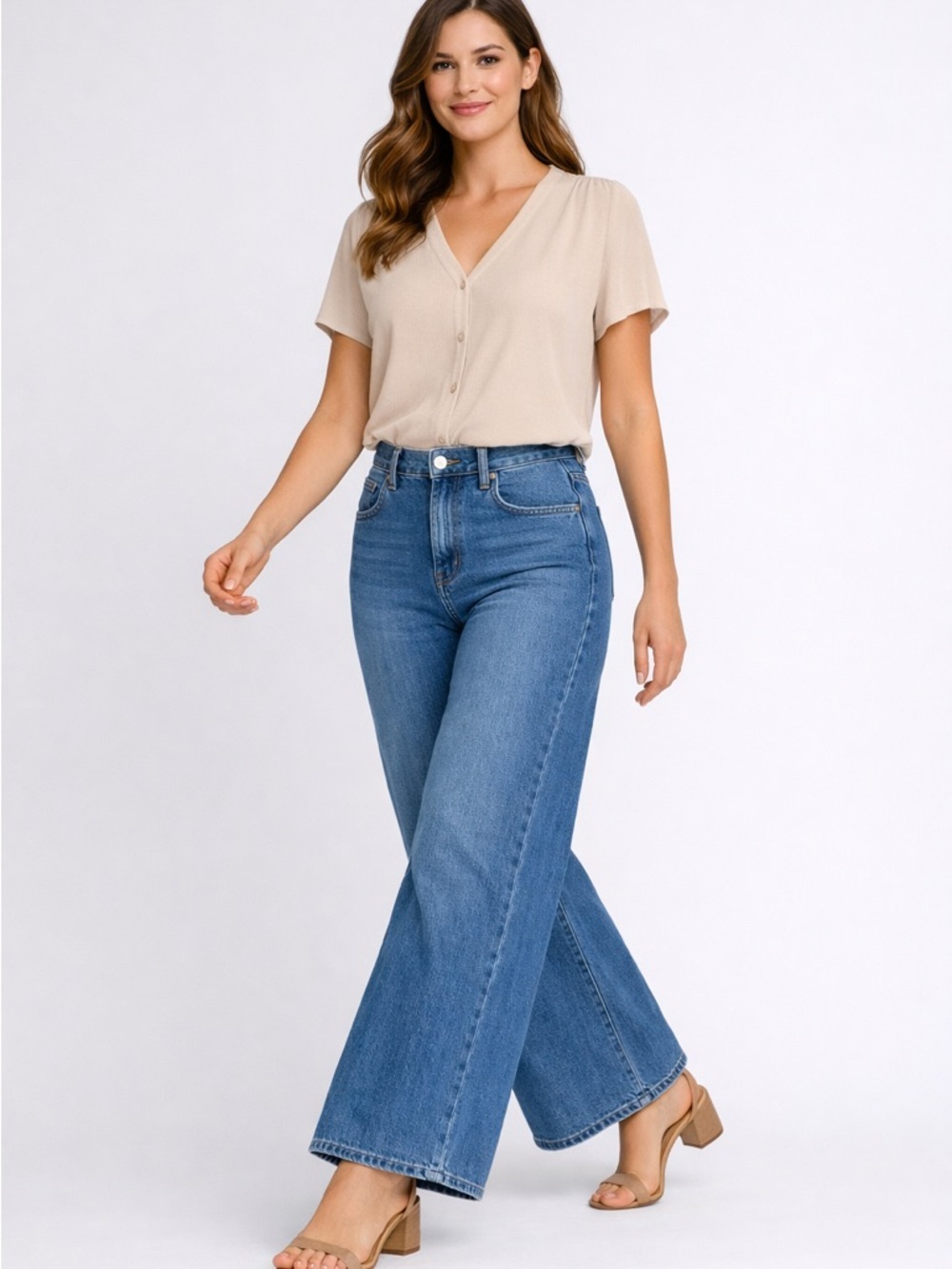 Classic High-Waist Wide-Leg Jeans - Light Blue